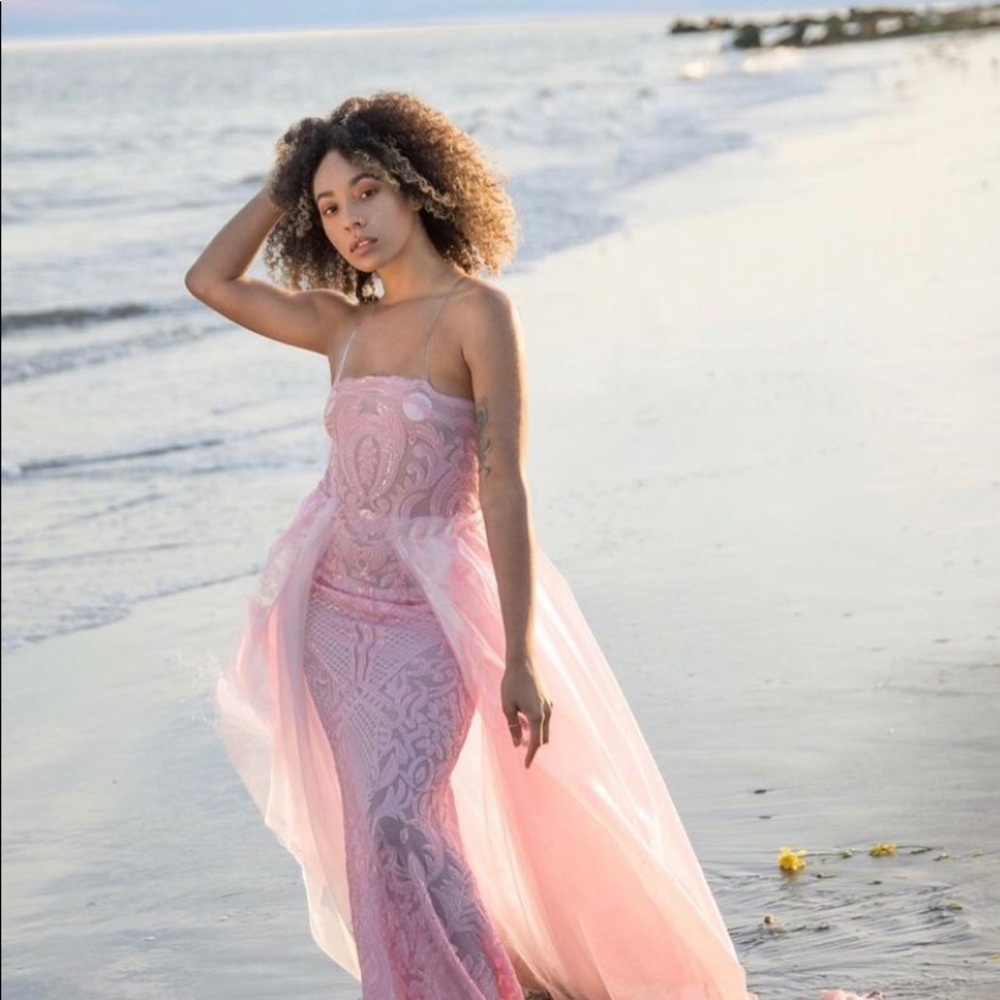 Sheer sequin pink prom dress